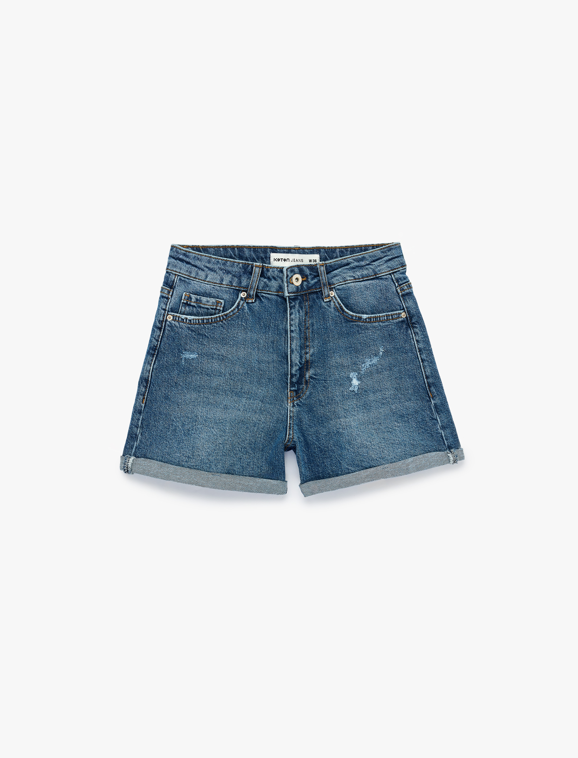   Pamuklu Yüksek Bel Slim Fit Duble Paça Mini Denim Şort