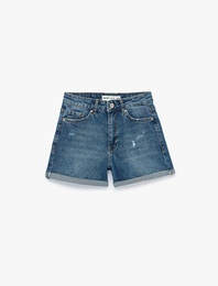 Pamuklu Yüksek Bel Slim Fit Duble Paça Mini Denim Şort