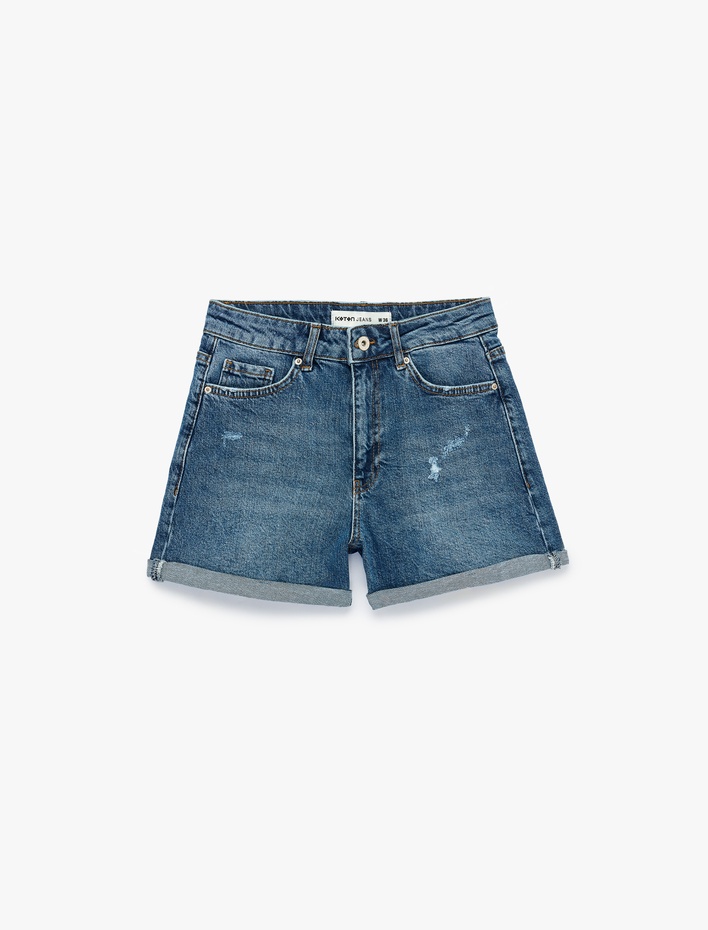  Pamuklu Yüksek Bel Slim Fit Duble Paça Mini Denim Şort