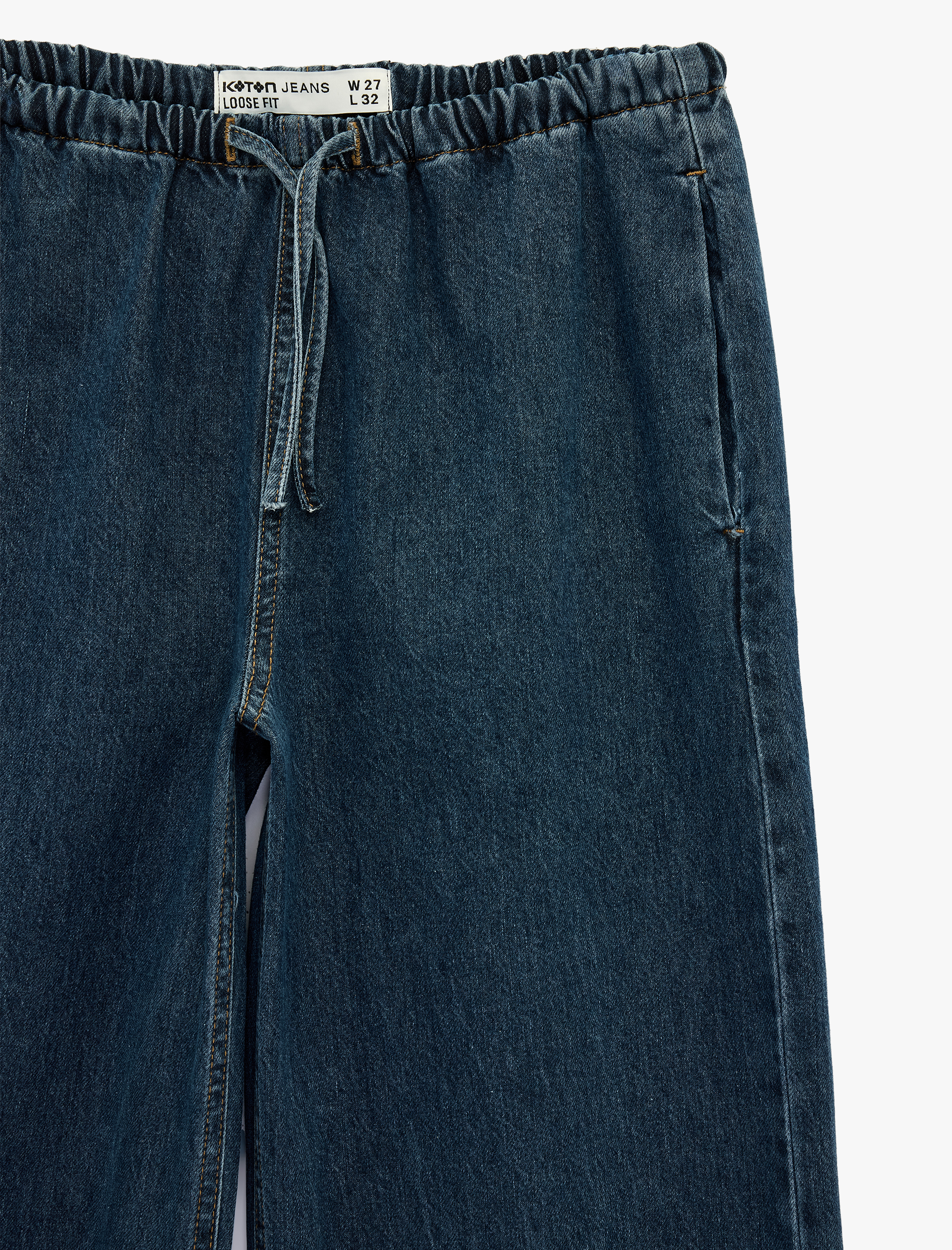   Beli Bağcıklı Cep Detaylı Bol Paça Denim Pantolon