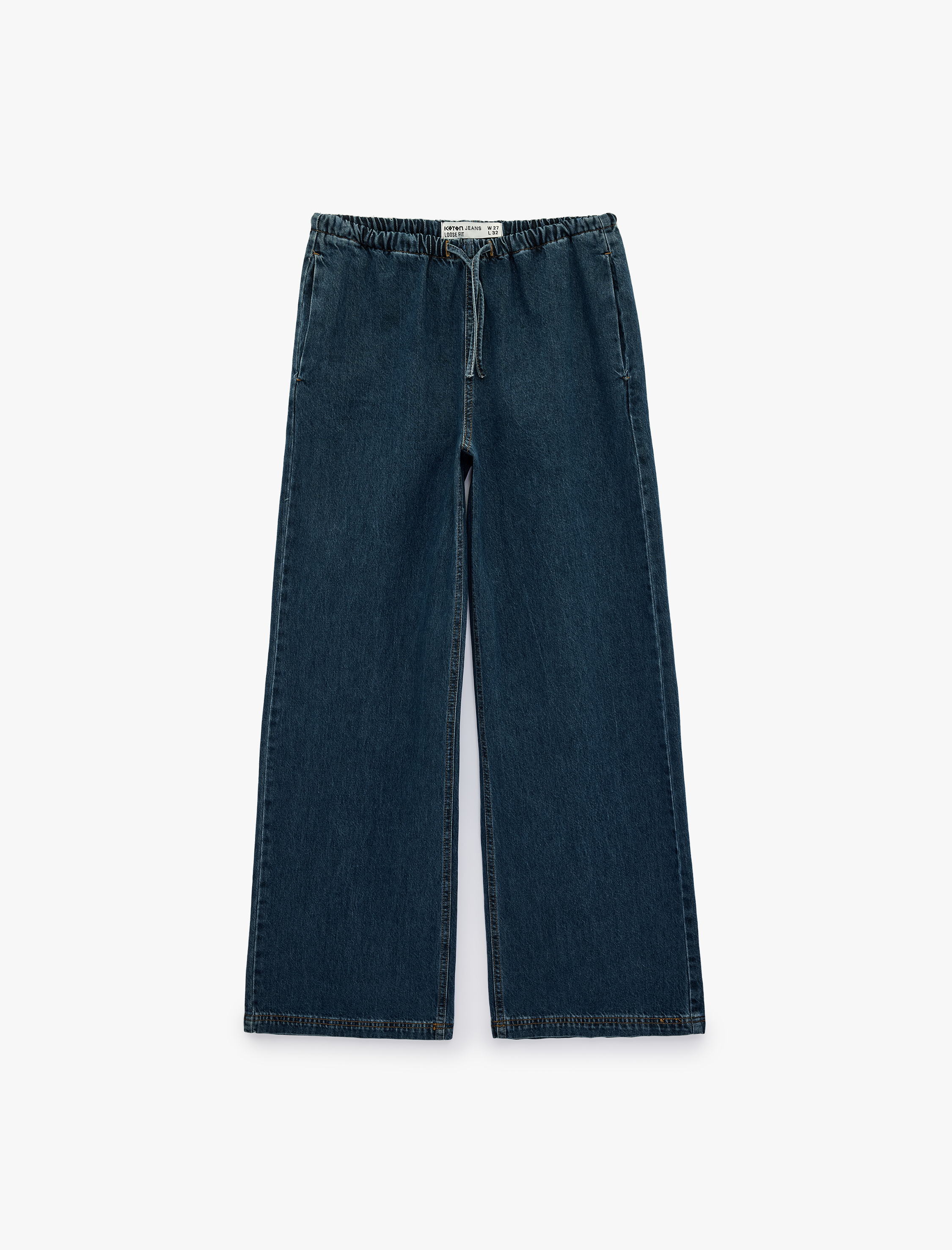   Beli Bağcıklı Cep Detaylı Bol Paça Denim Pantolon