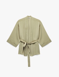 Aerobin Kumaş Kemerli Geniş Uzun Kollu Saten Kimono
