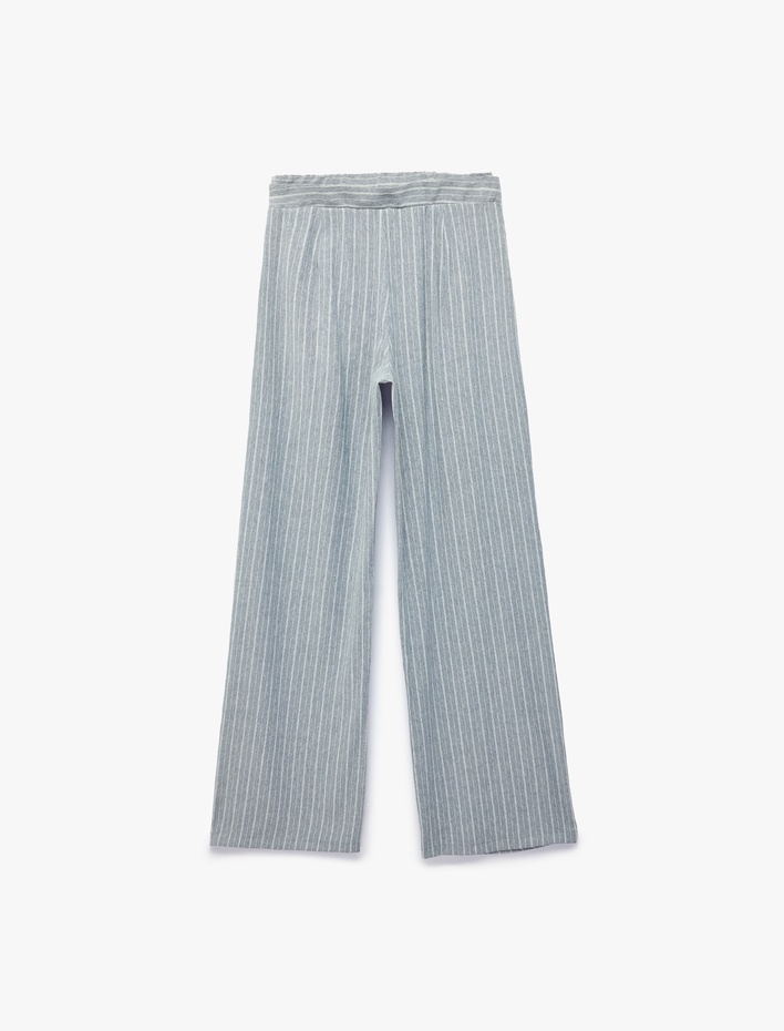  Viskon Karışımlı Cepli Pile Detaylı Düz Bol Paça Çizgili Kumaş Pantolon