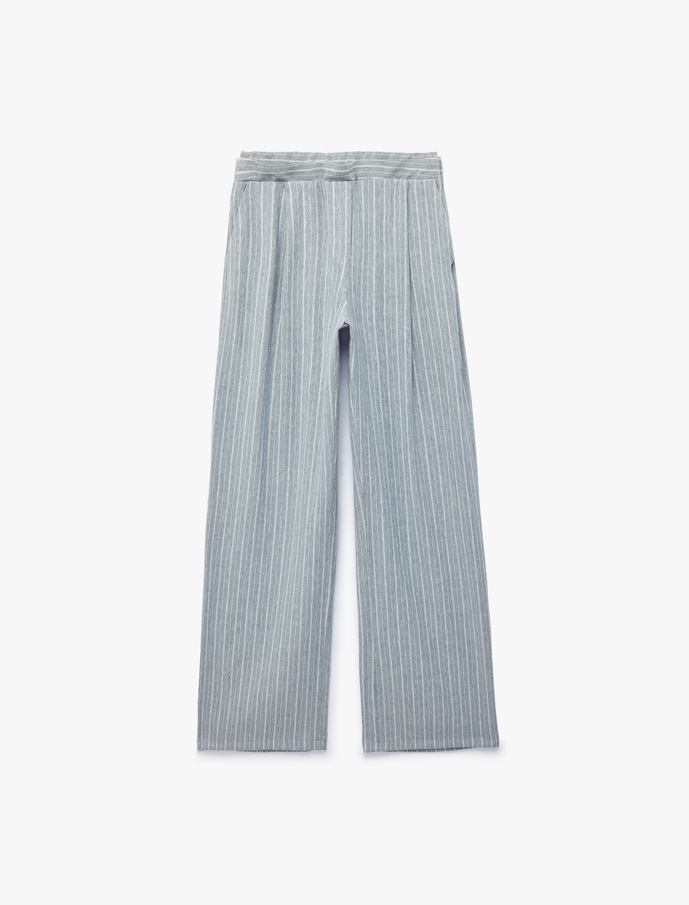   Viskon Karışımlı Cepli Pile Detaylı Düz Bol Paça Çizgili Kumaş Pantolon