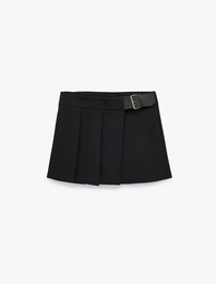 Kemer Detaylı Yüksek Bel Pileli Mini Şort Etek