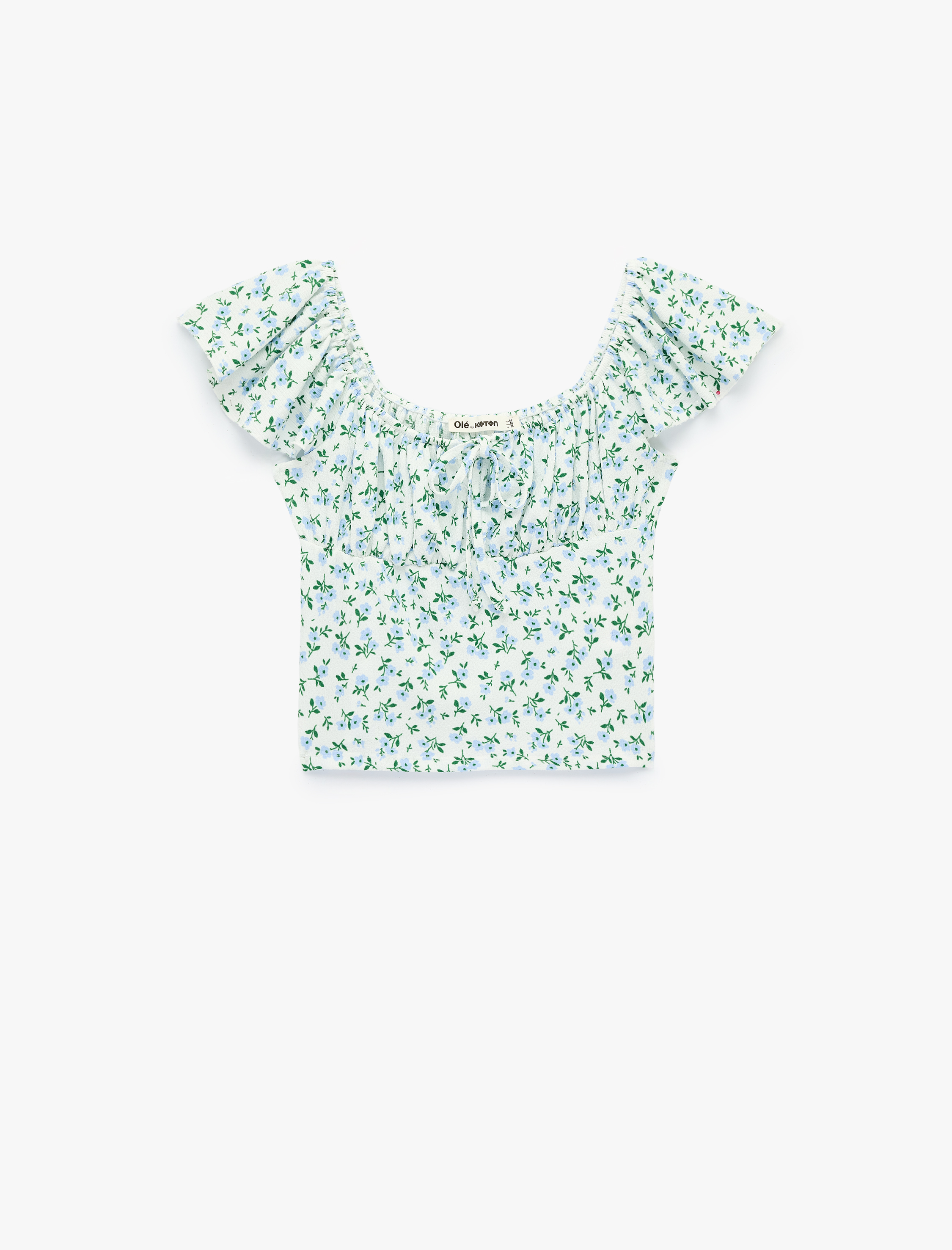   Çiçek Desenli U Yaka Kısa Kollu Crop Bluz