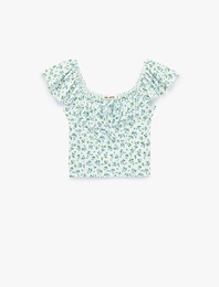 Çiçek Desenli U Yaka Kısa Kollu Crop Bluz