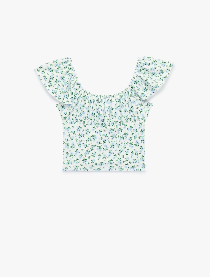  Çiçek Desenli U Yaka Kısa Kollu Crop Bluz