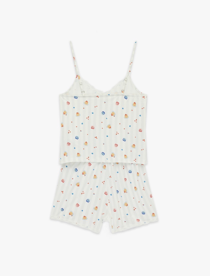  Dantel Detaylı Desenli Şortlu Pijama Takımı