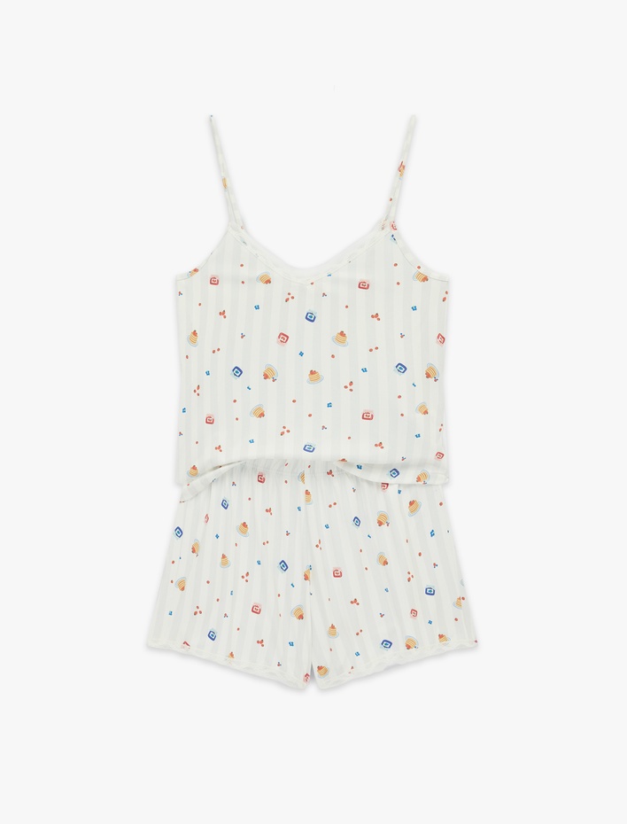  Dantel Detaylı Desenli Şortlu Pijama Takımı