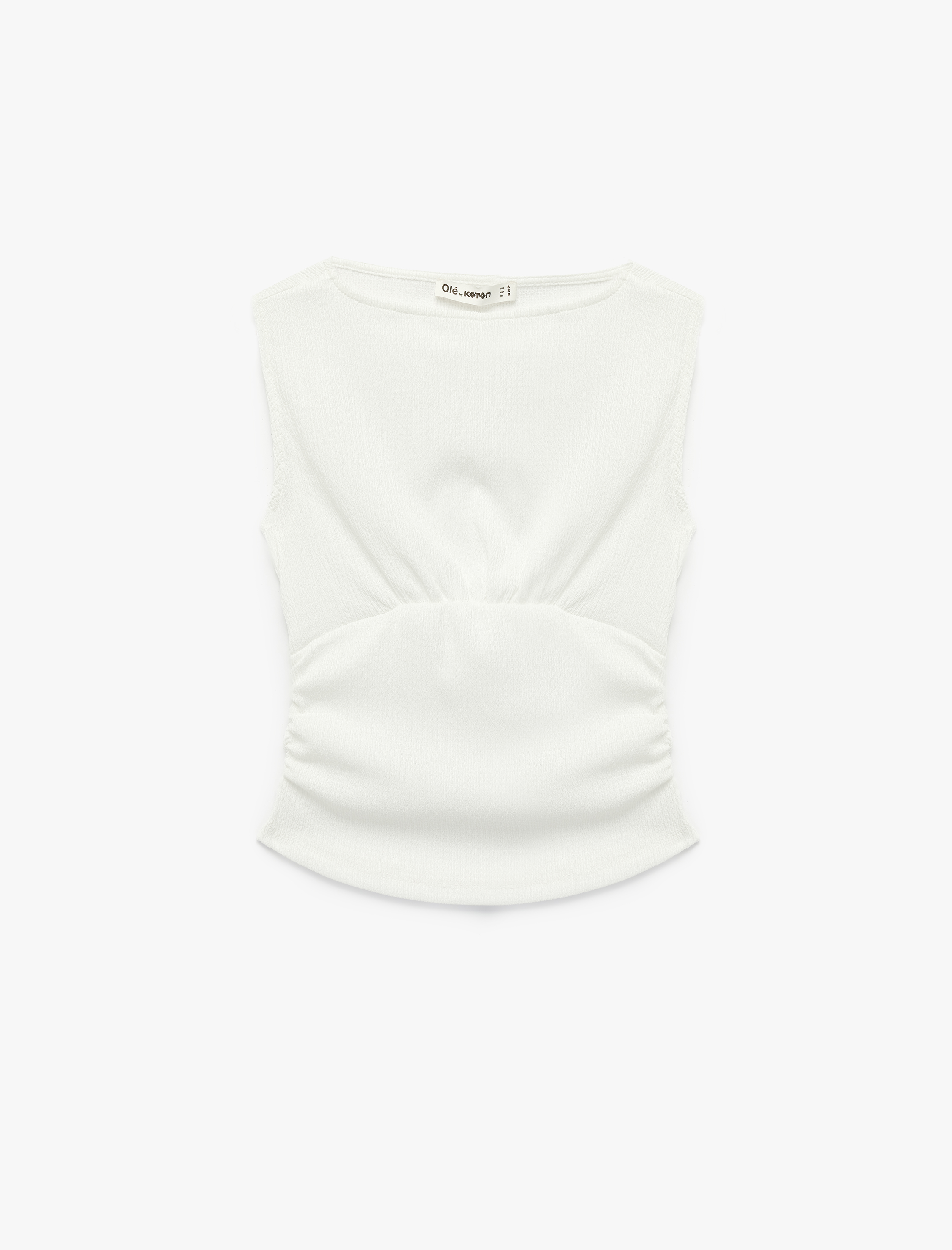   Büzgülü Kayık Yaka Slim Fit Bürümcük Kolsuz Bluz