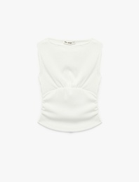Büzgülü Kayık Yaka Slim Fit Bürümcük Kolsuz Bluz