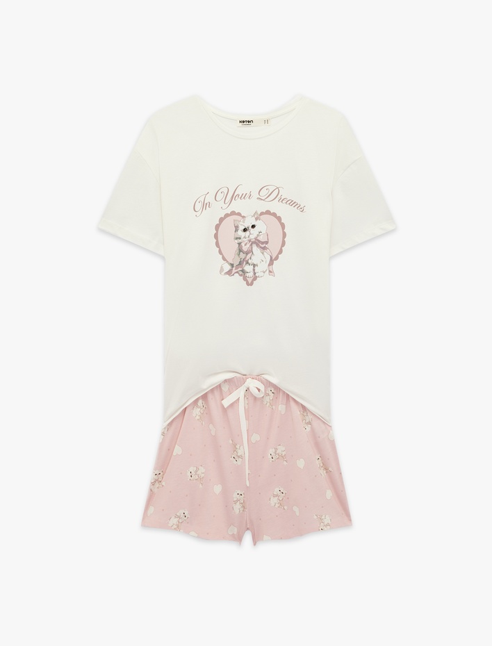  Pamuklu Bisiklet Yaka Kısa Kollu Pijama Takımı