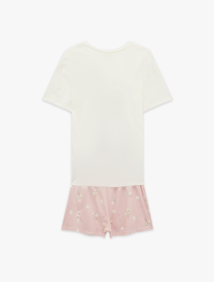  Pamuklu Bisiklet Yaka Kısa Kollu Pijama Takımı