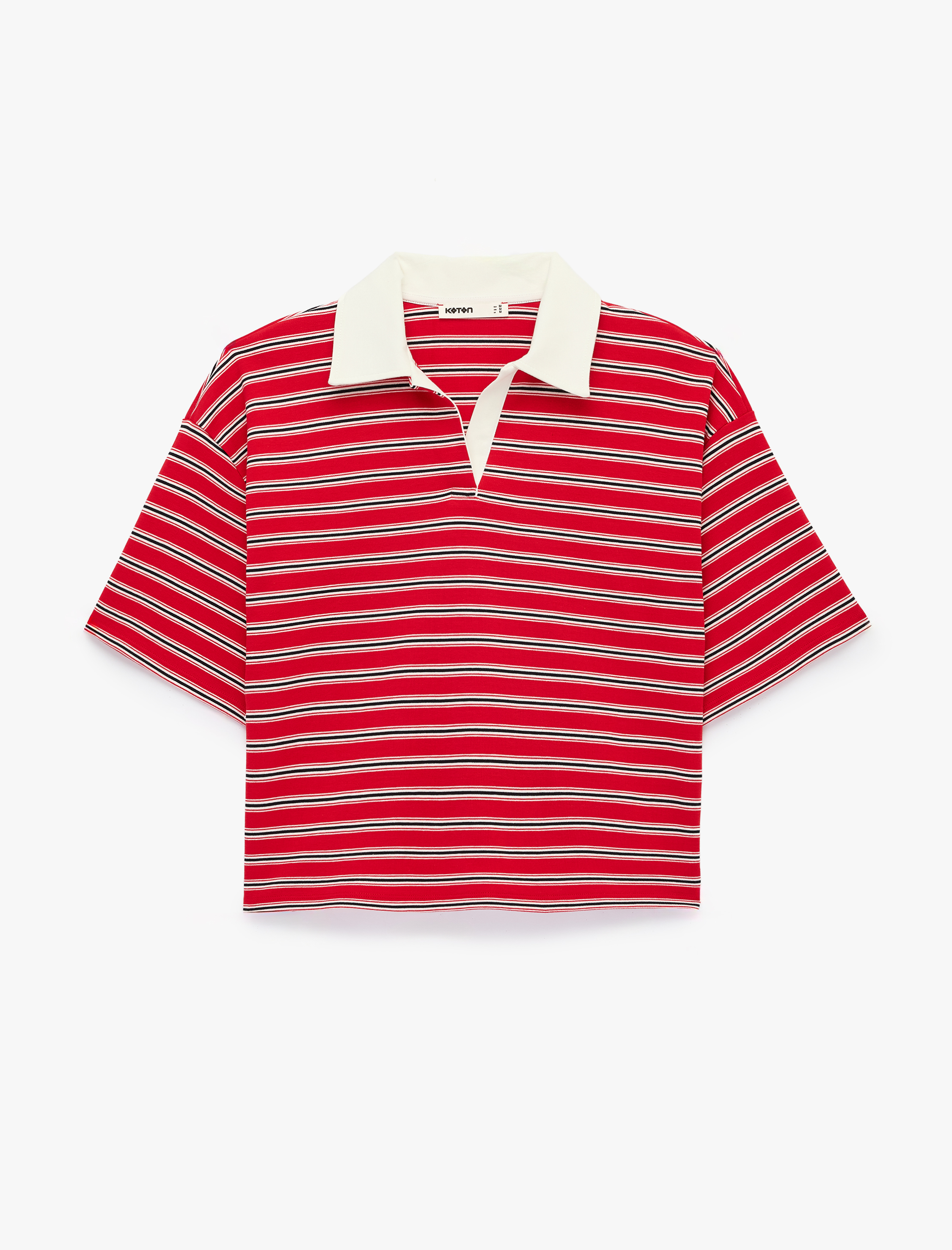   Pamuklu Kontrast Detaylı Kısa Kollu Polo Yaka Çizgili Tişört