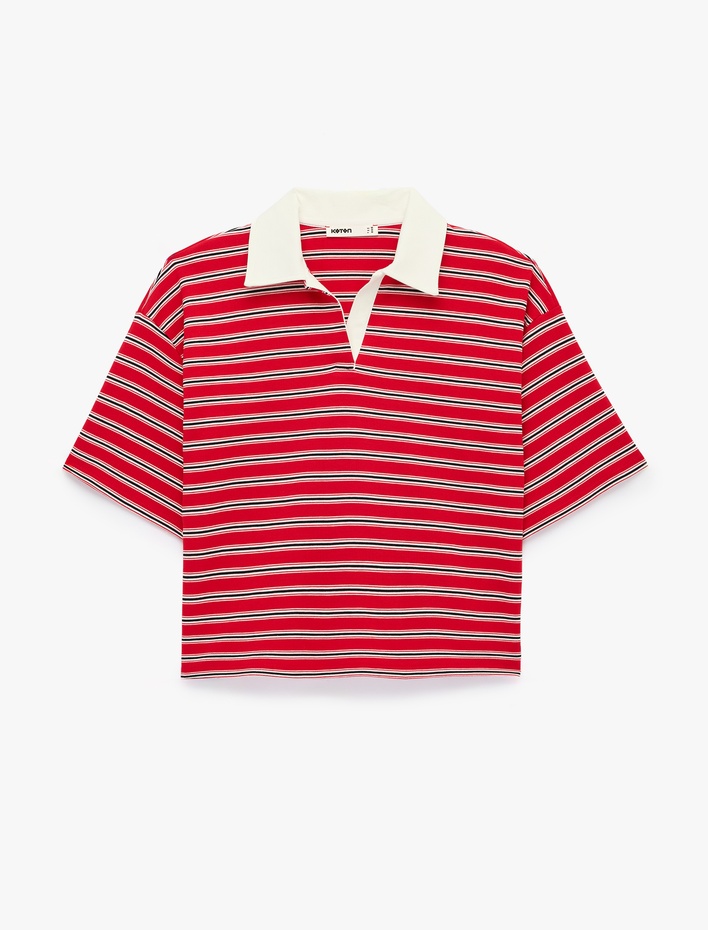  Pamuklu Kontrast Detaylı Kısa Kollu Polo Yaka Çizgili Tişört