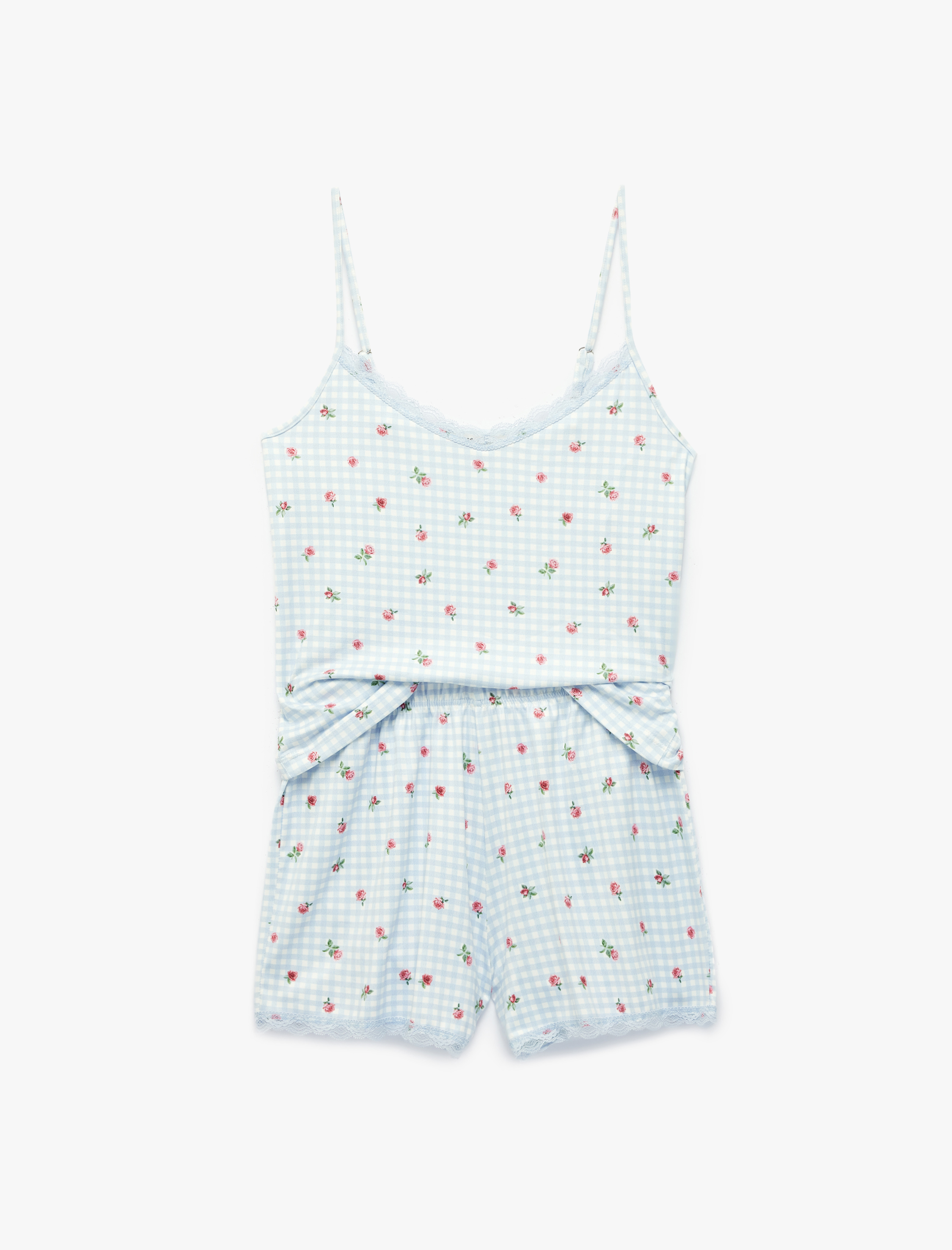   Dantel Detaylı Çiçek Desenli Şortlu Pijama Takımı