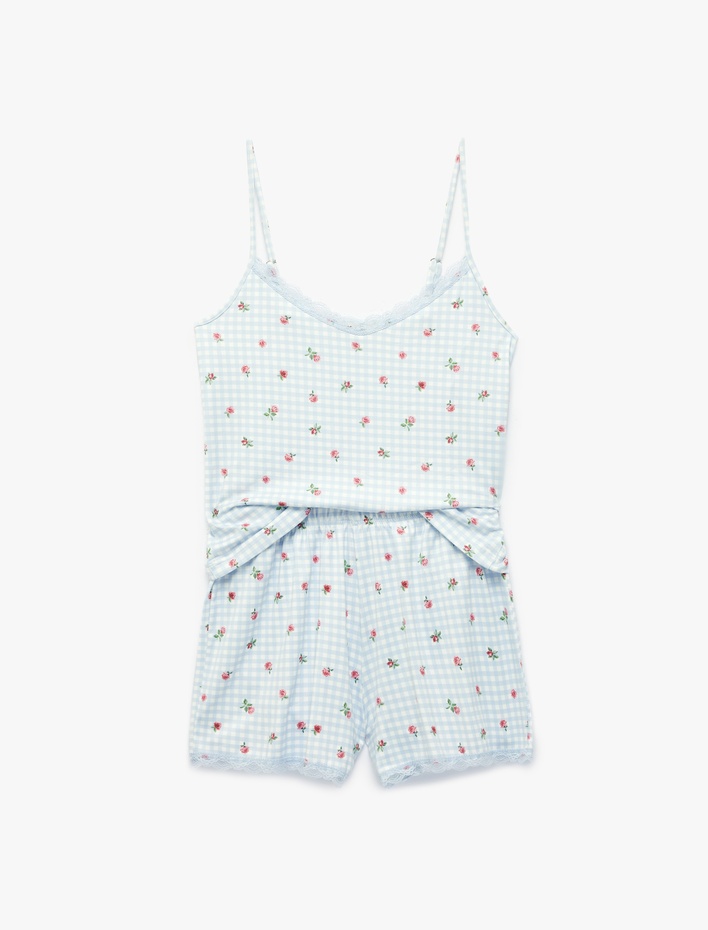  Dantel Detaylı Çiçek Desenli Şortlu Pijama Takımı