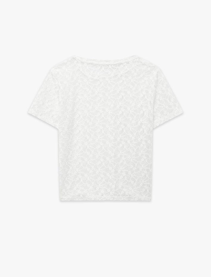  Yarı Transparan Slim Fit Kısa Kollu Dantel Crop Tişört