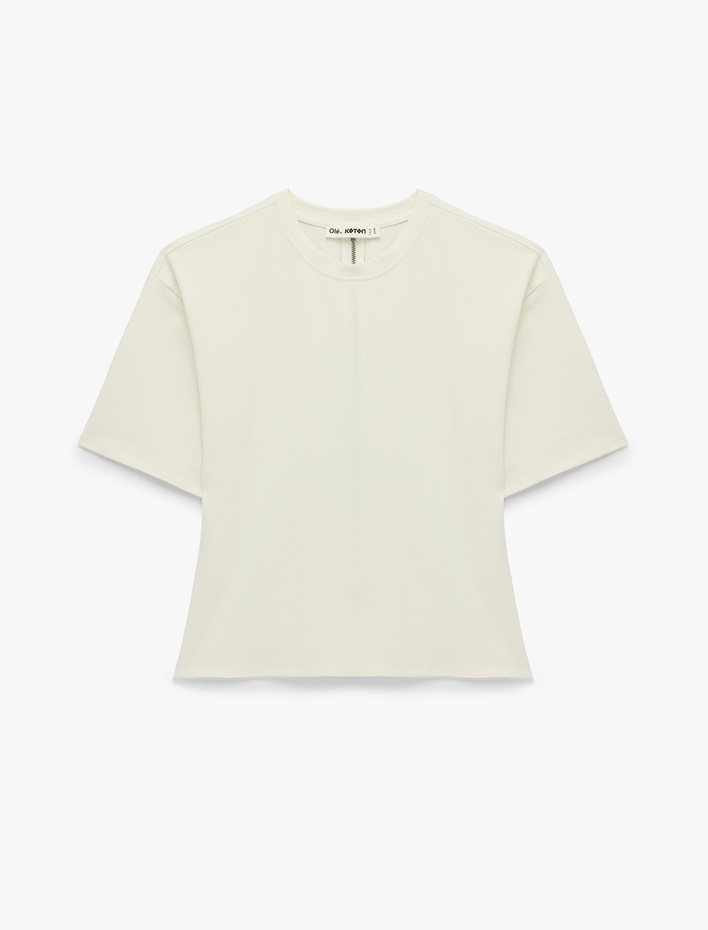  Fermuar Detaylı Pamuklu Bisiklet Yaka Kısa Kollu Tişört