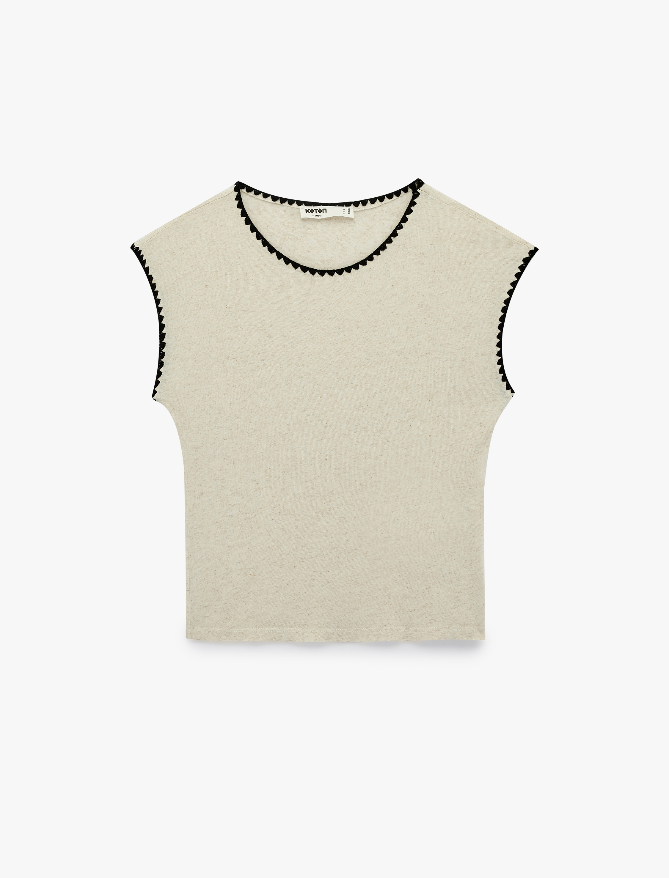   Keten Karışımlı Slim Fit Nakış Detaylı Bisiklet Yaka Kolsuz Tişört