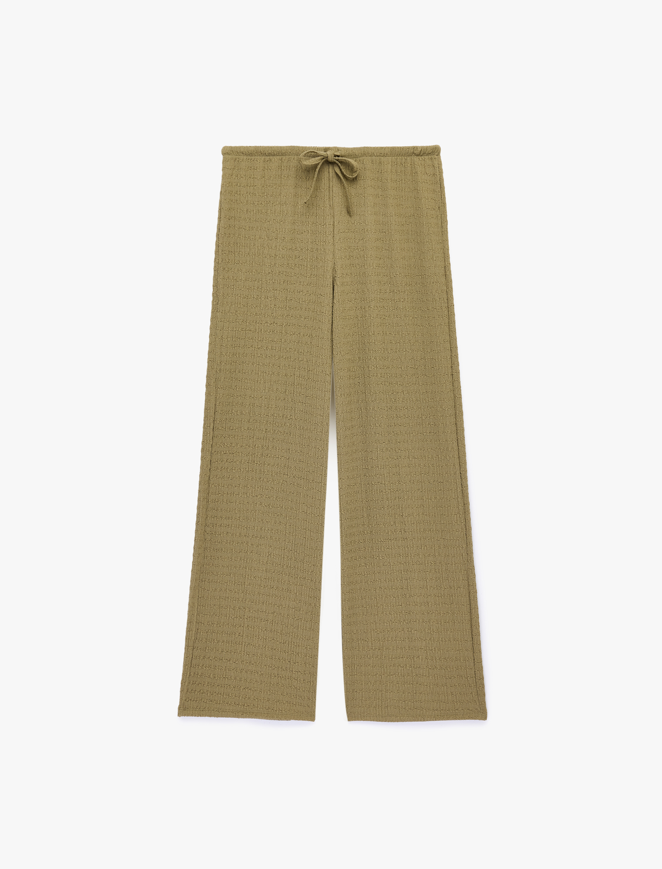   Bürümcük Kumaş Dokulu Beli Bağcıklı Düz Bol Paça Pantolon