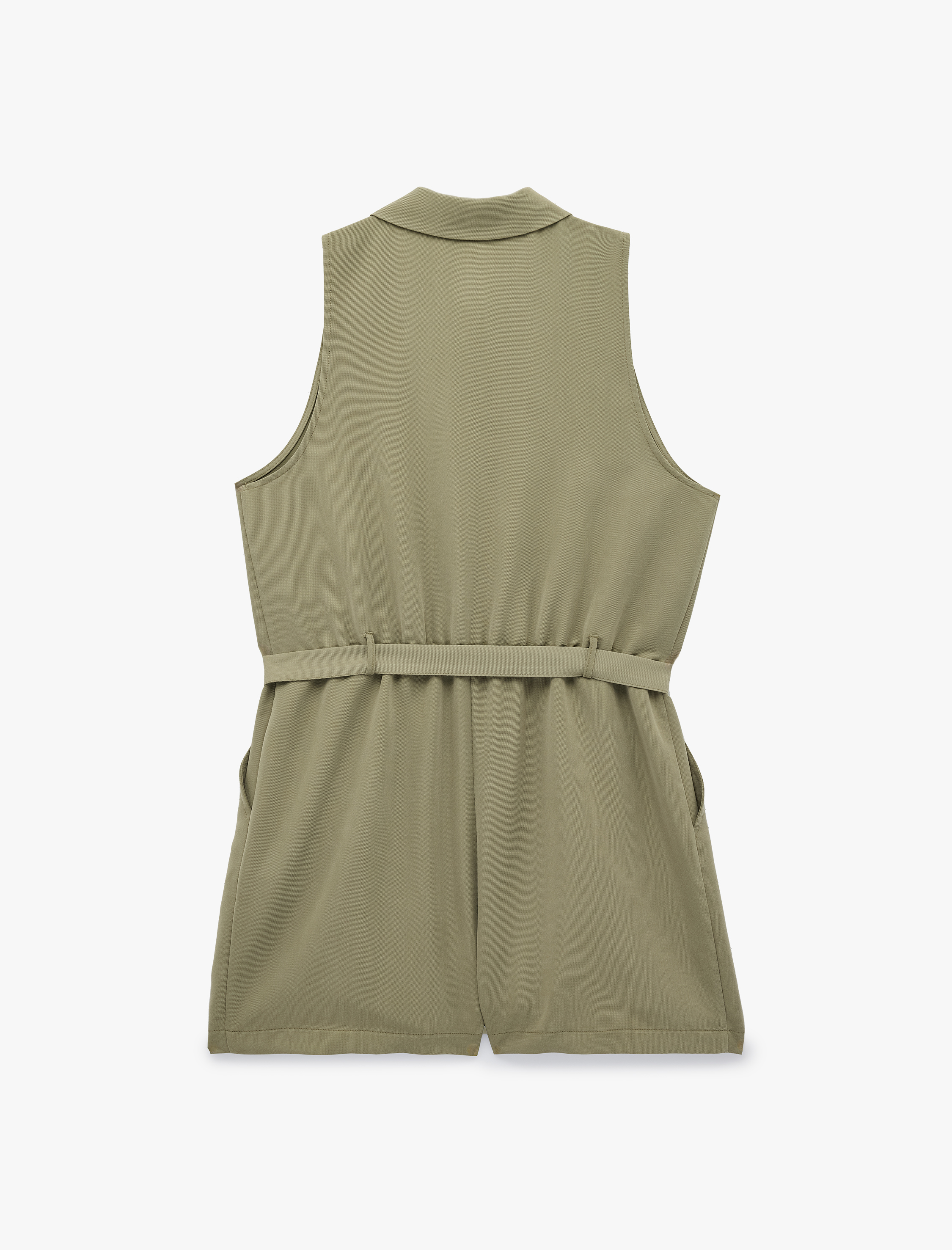   Cupro Kumaş Kemerli Kolsuz Gömlek Yaka Şort Tulum