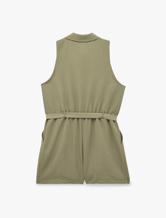  Cupro Kumaş Kemerli Kolsuz Gömlek Yaka Şort Tulum