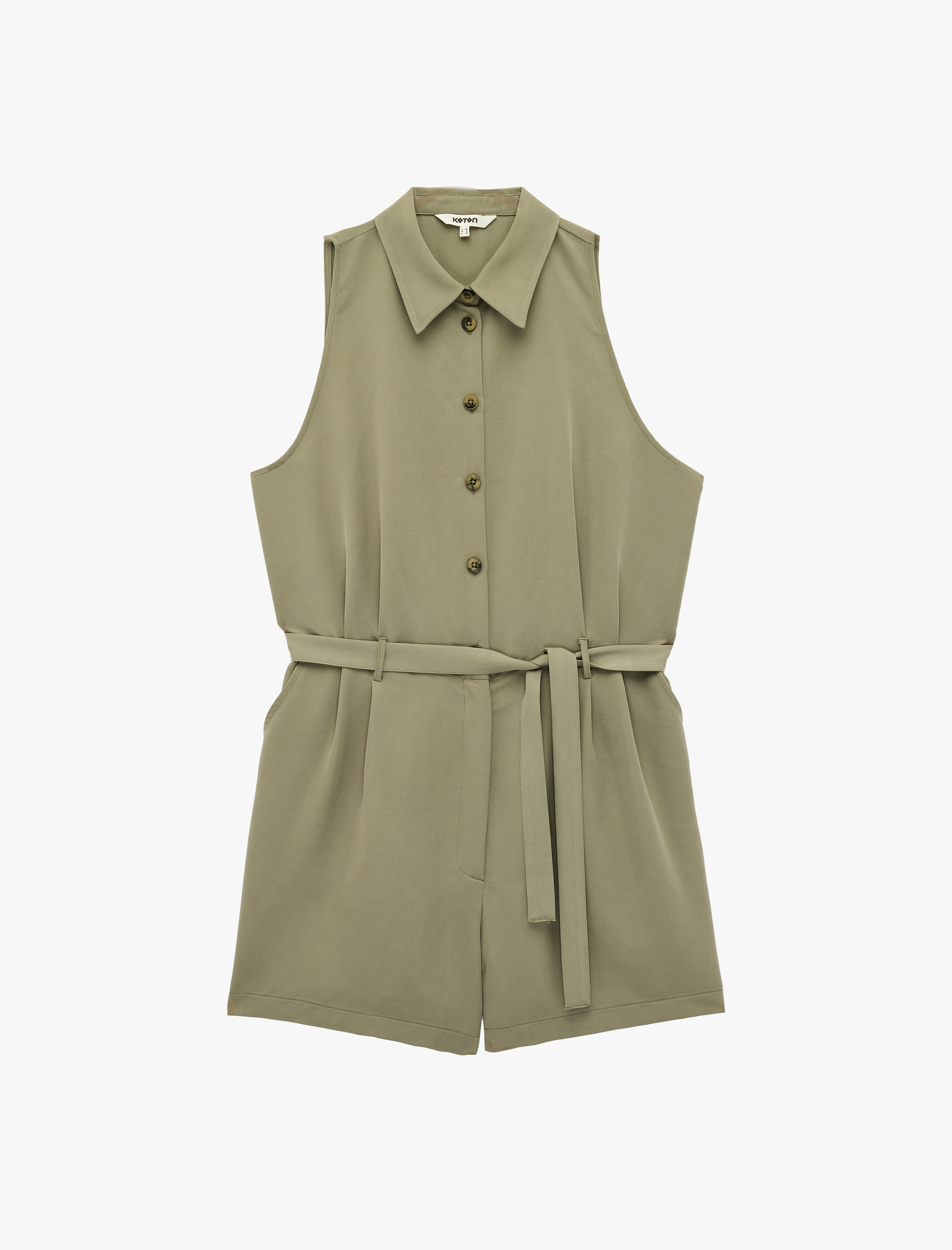   Cupro Kumaş Kemerli Kolsuz Gömlek Yaka Şort Tulum