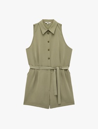 Cupro Kumaş Kemerli Kolsuz Gömlek Yaka Şort Tulum