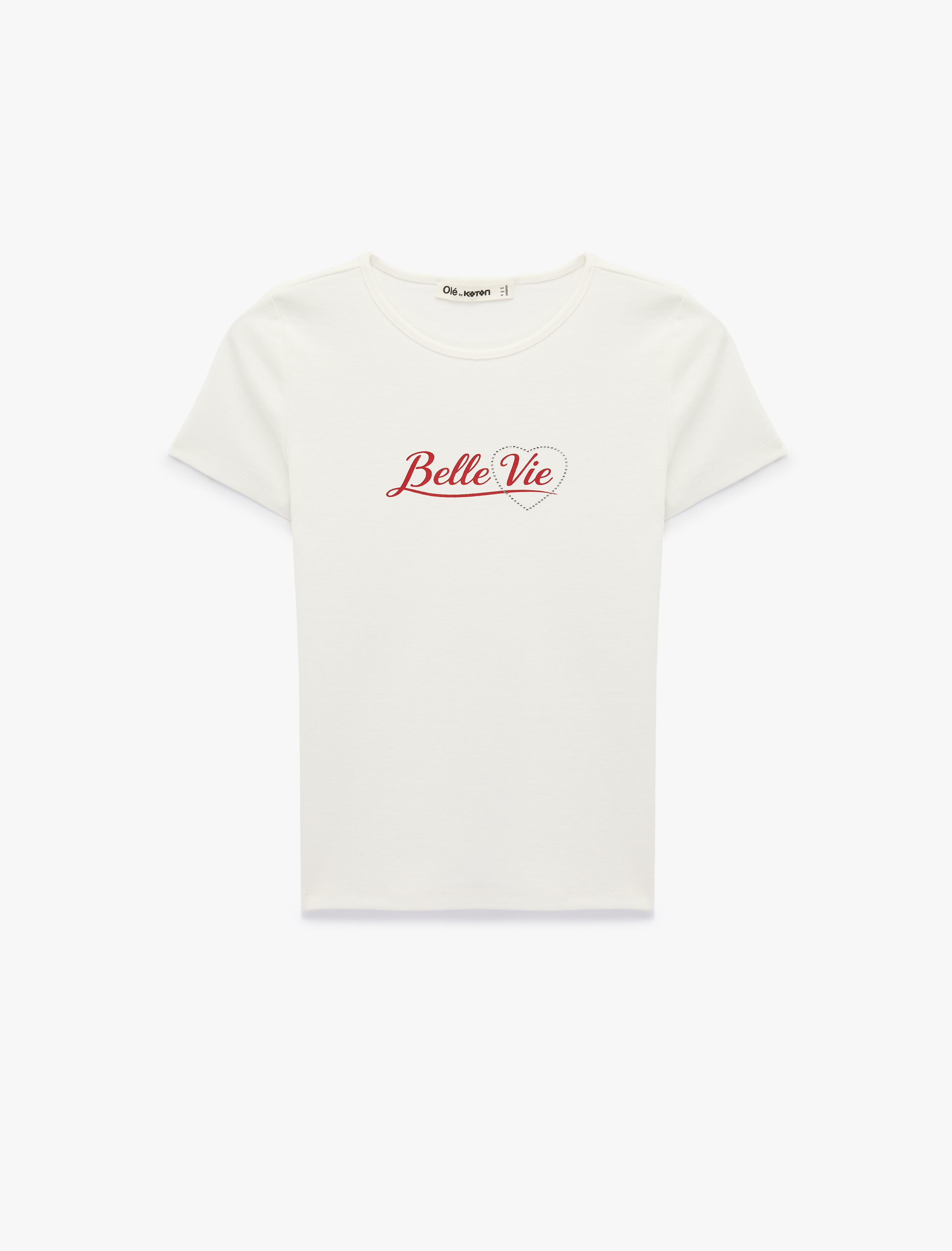   Pamuklu Slim Fit Kısa Kollu Taş Detaylı Baskılı Bisiklet Yaka Tişört