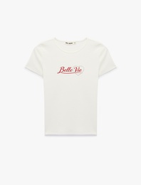 Pamuklu Slim Fit Kısa Kollu Taş Detaylı Baskılı Bisiklet Yaka Tişört