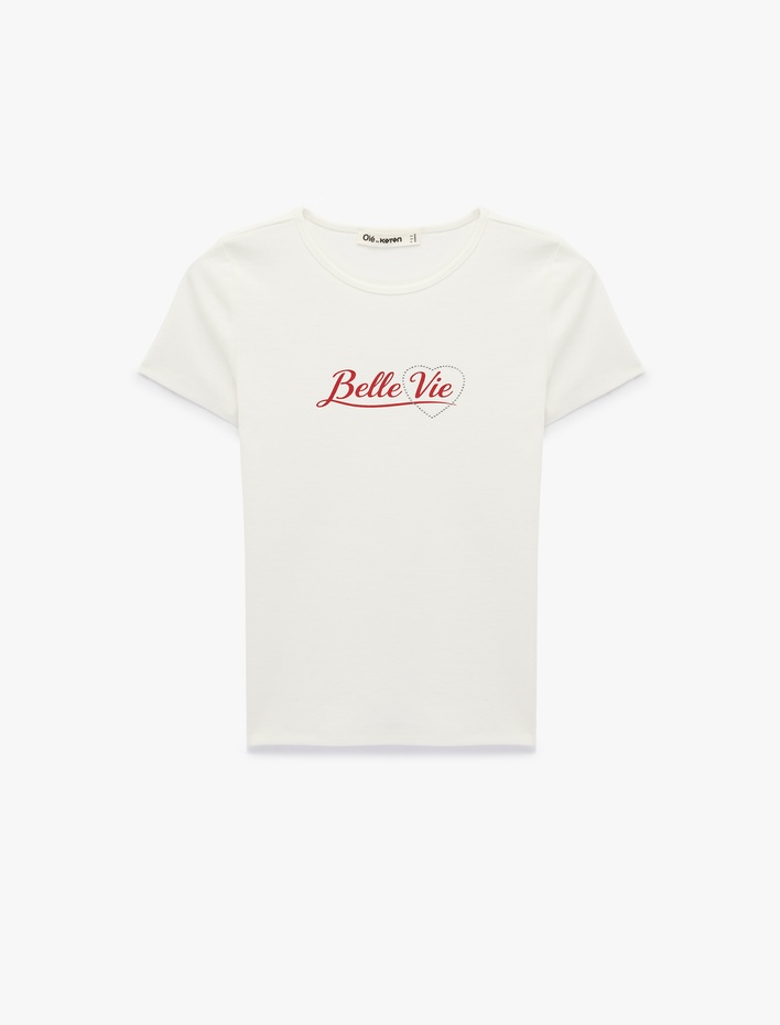  Pamuklu Slim Fit Kısa Kollu Taş Detaylı Baskılı Bisiklet Yaka Tişört