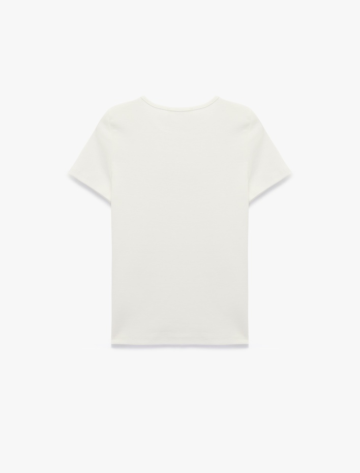  Pamuklu Slim Fit Kısa Kollu Taş Detaylı Baskılı Bisiklet Yaka Tişört