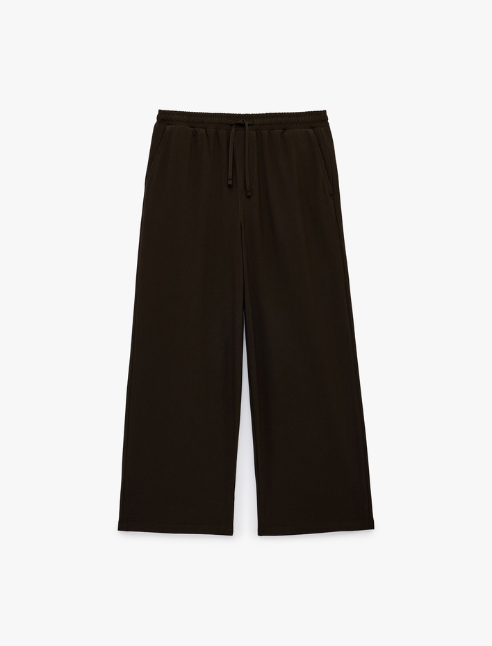  Bol Kalıp Viskon Karışımlı Beli Bağcıklı Geniş Paça Pantolon