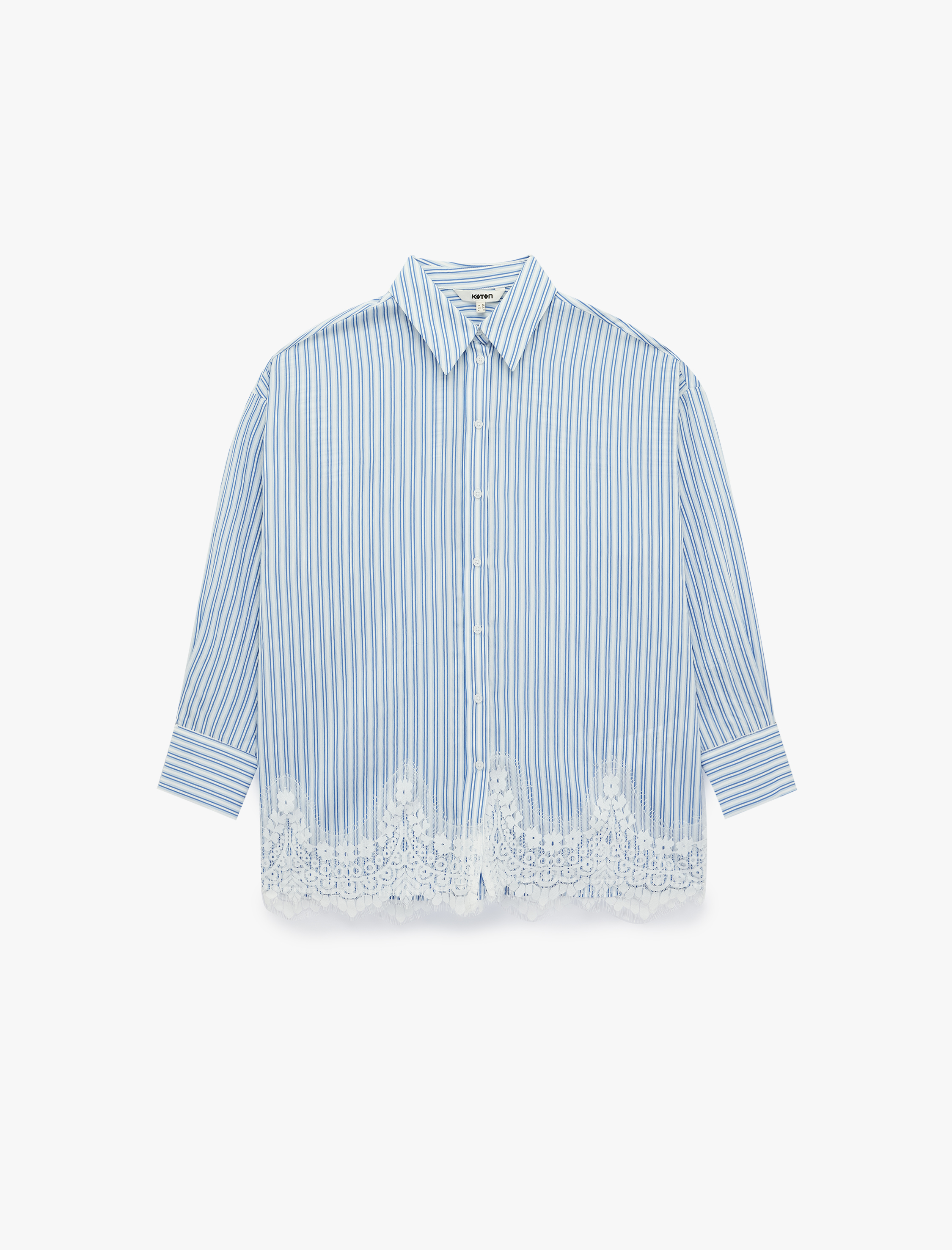   Uzun Kollu Dantel Detaylı Poplin Çizgili Oversize Gömlek