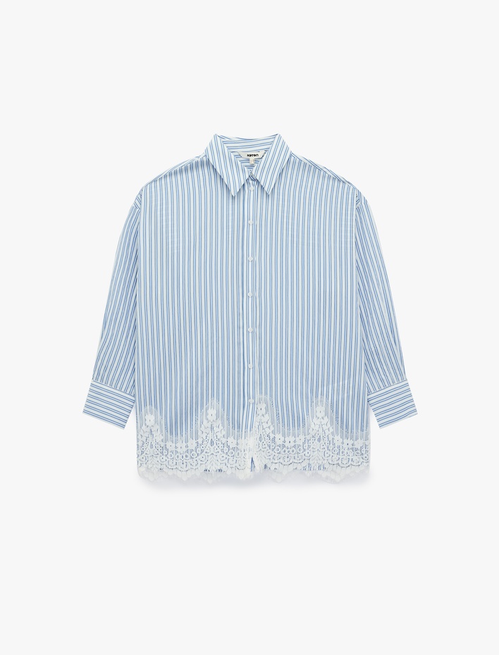  Uzun Kollu Dantel Detaylı Poplin Çizgili Oversize Gömlek