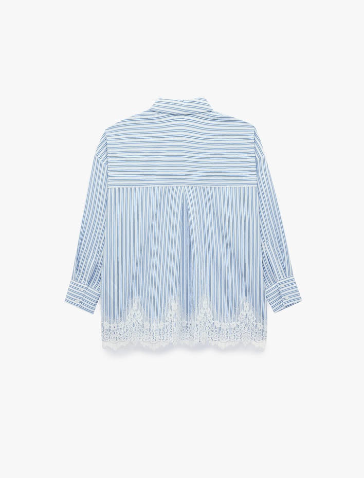  Uzun Kollu Dantel Detaylı Poplin Çizgili Oversize Gömlek