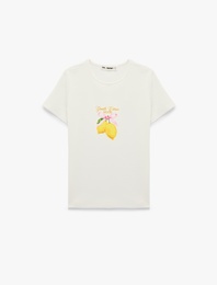 Slim Fit Bisiklet Yaka Pamuklu Kısa Kollu Limon Baskılı Tişört