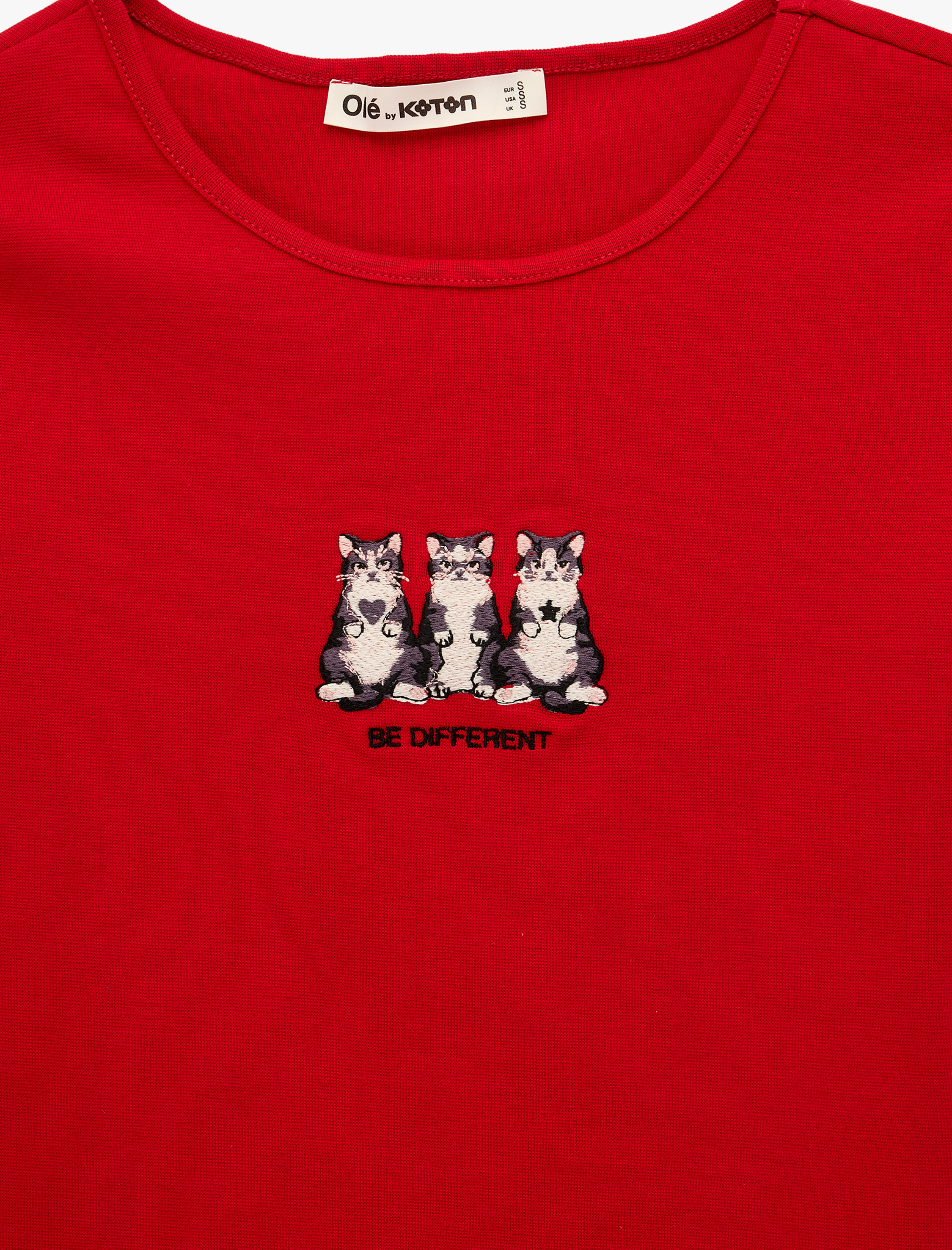   Pamuklu Slim Fit Bisiklet Yaka Kedi Nakışlı Tişört