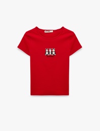 Pamuklu Slim Fit Bisiklet Yaka Kedi Nakışlı Tişört