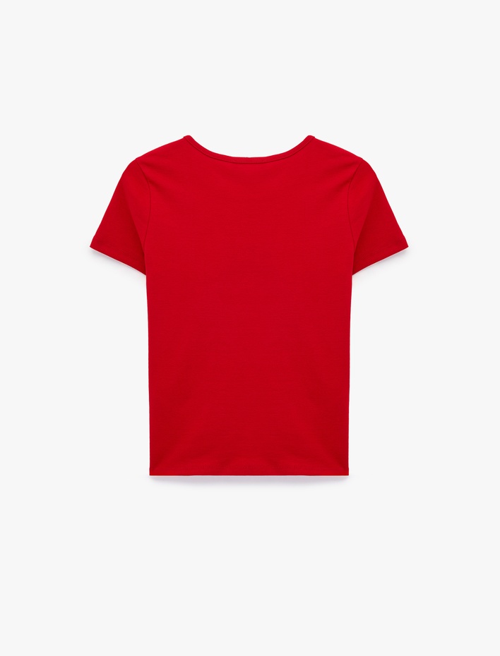  Pamuklu Slim Fit Bisiklet Yaka Kedi Nakışlı Tişört