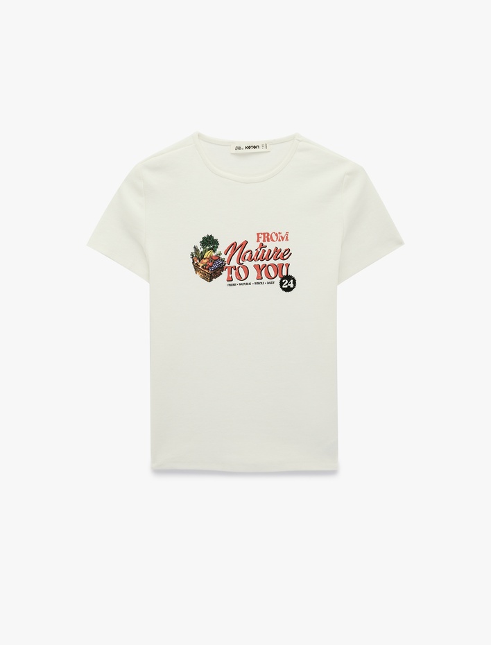  Pamuklu Slim Fit Kısa Kollu Bisiklet Yaka Meyve Baskılı Tişört