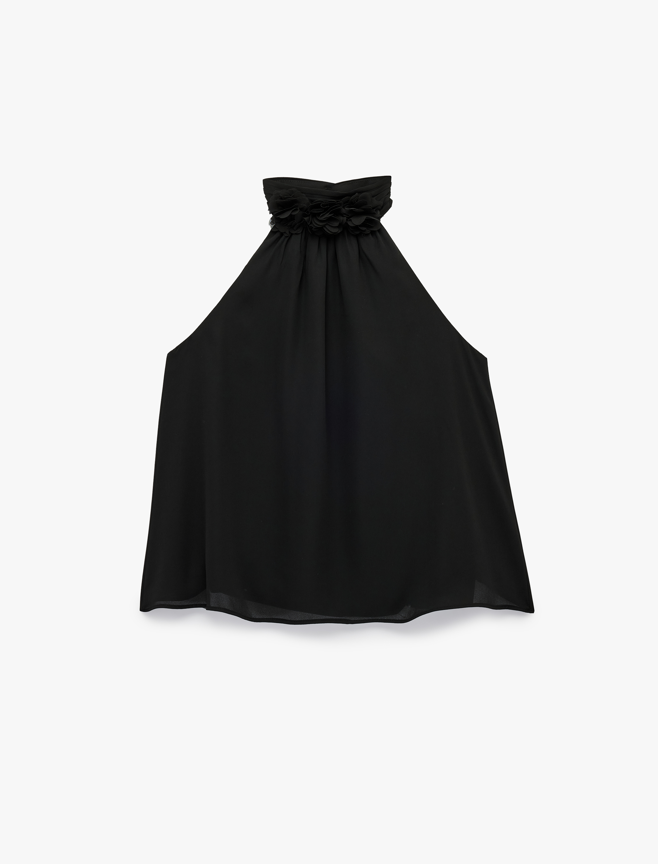   Krep Kumaş Kolsuz Aplike Çiçek Detaylı Dik Halter Yaka Bluz