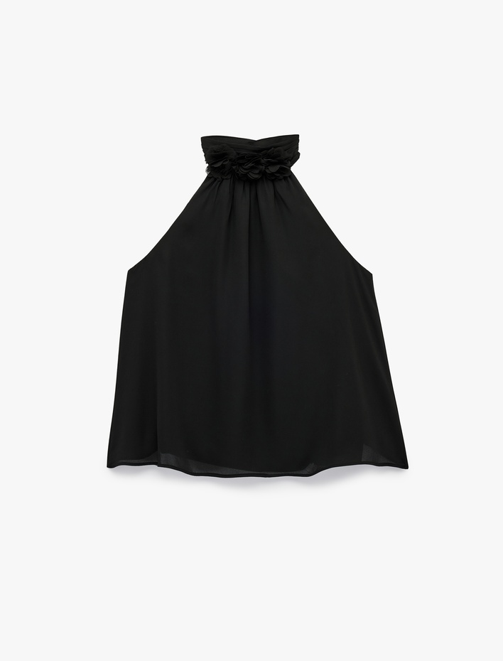  Krep Kumaş Kolsuz Aplike Çiçek Detaylı Dik Halter Yaka Bluz