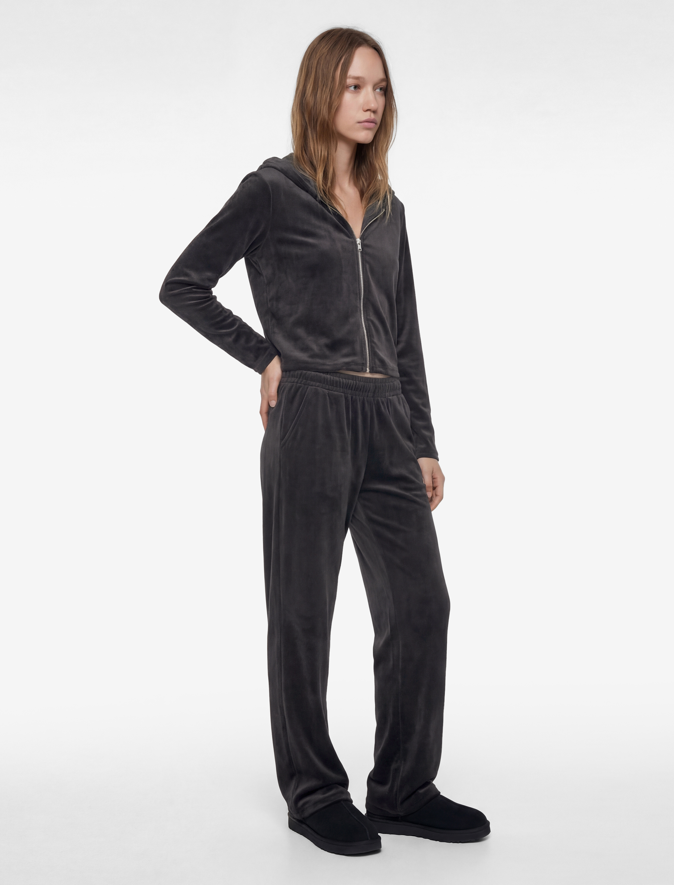   Fermuarlı Uzun Kollu Rahat Kalıp Kapüşonlu Crop Pijama Üstü