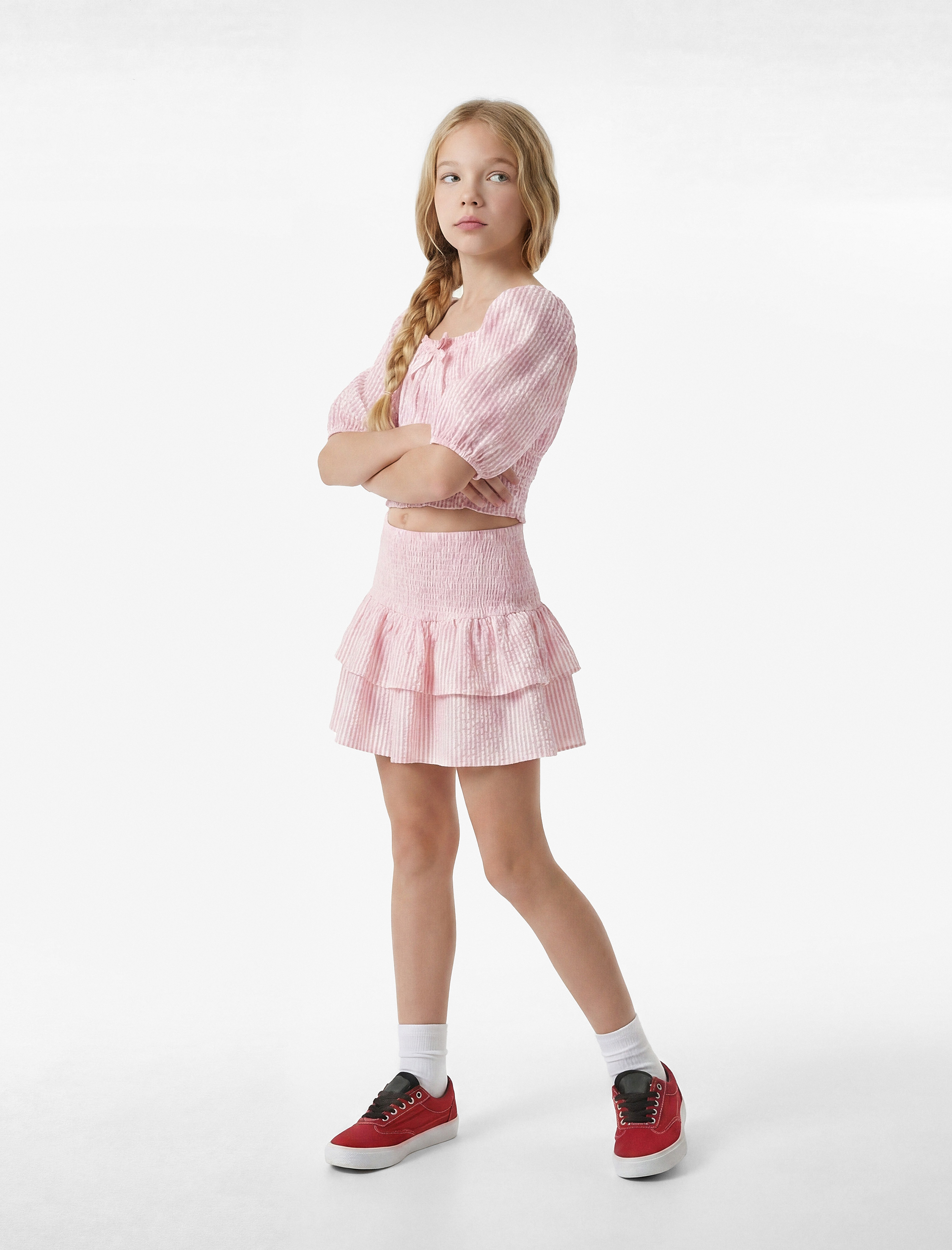  Kız Çocuk Balon Kollu Kare Yaka Çizgili Crop Bluz