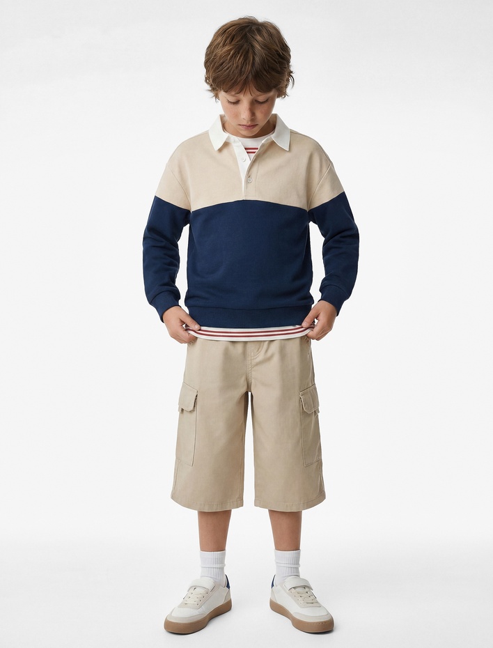 Erkek Çocuk Renk Bloklu Uzun Kollu Pamuk Karışımlı Polo Yaka Sweatshirt