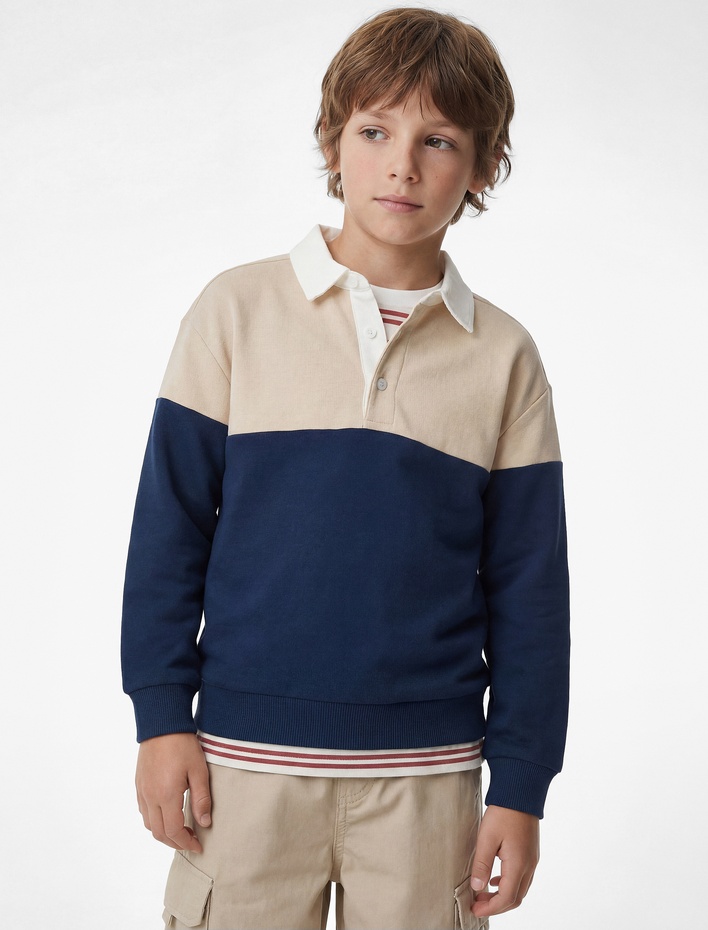Erkek Çocuk Renk Bloklu Uzun Kollu Pamuk Karışımlı Polo Yaka Sweatshirt
