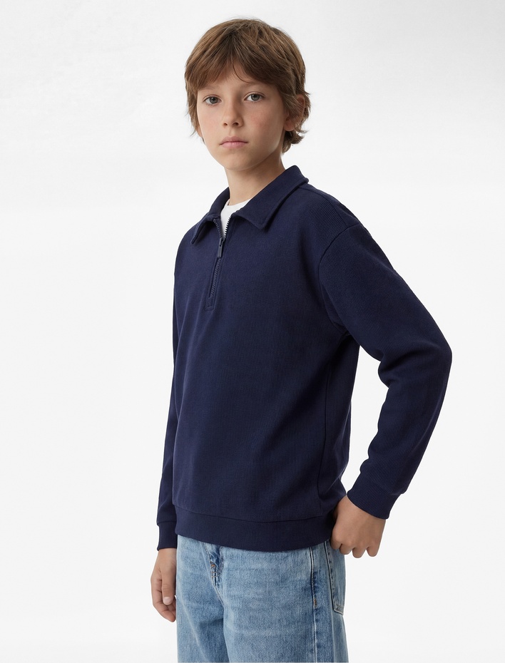 Erkek Çocuk Pamuklu Uzun Kollu Yarım Fermuarlı Polo Yaka Sweatshirt